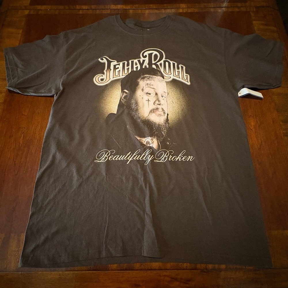 Jelly Roll T-Shirt Beautifully Broken Portrait‎ Graphic Charcoal Gray XL New